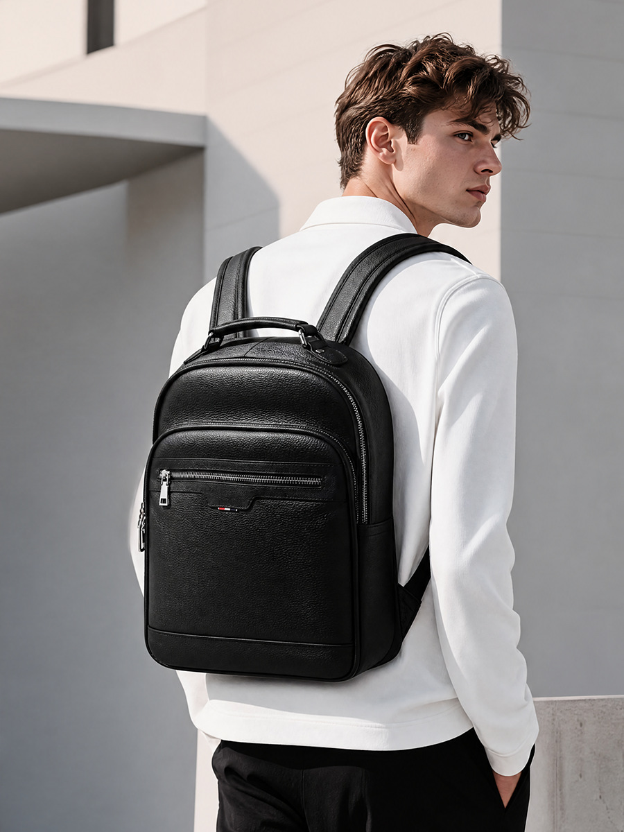 YY-BPK-007 cowhide men business travel backpack in black — wholesale men leather backpack YANYAN